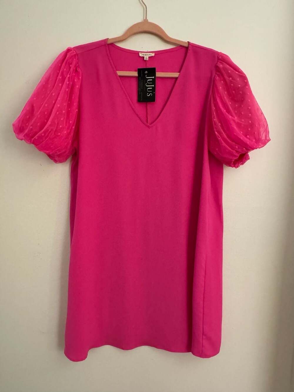 Jodifl Pink V-Neck Mesh Bubble Sleeve A-Line Shift Dress NWT